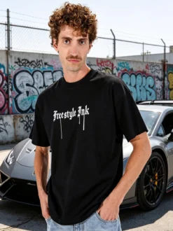 Ange Wear T-shirt da uomo oversize in cotone con stampe davanti e dietro - nero