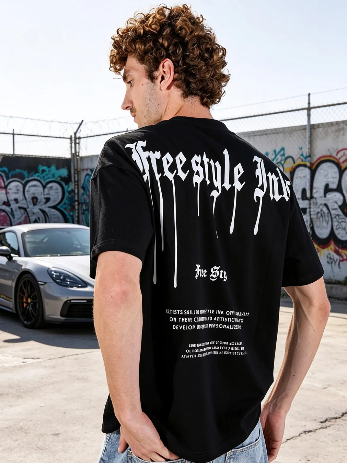 Ange Wear T-shirt da uomo oversize in cotone con stampe davanti e dietro - nero