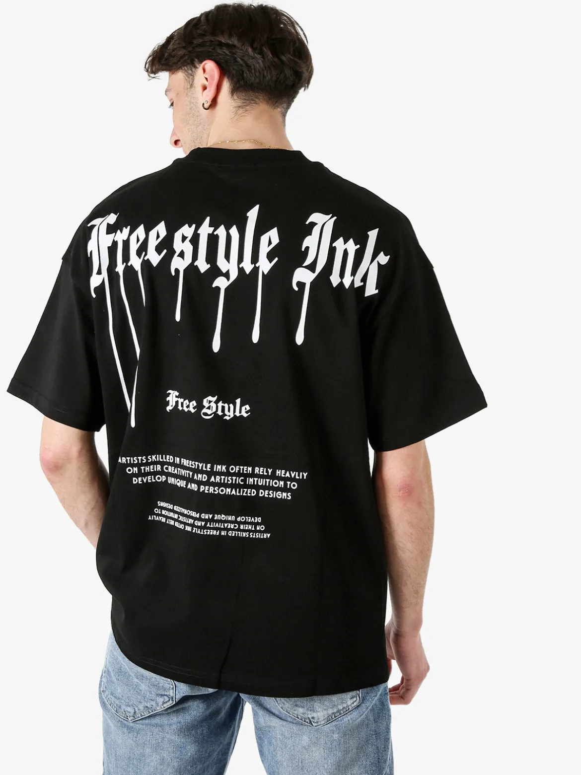 Ange Wear T-shirt da uomo oversize in cotone con stampe davanti e dietro - nero