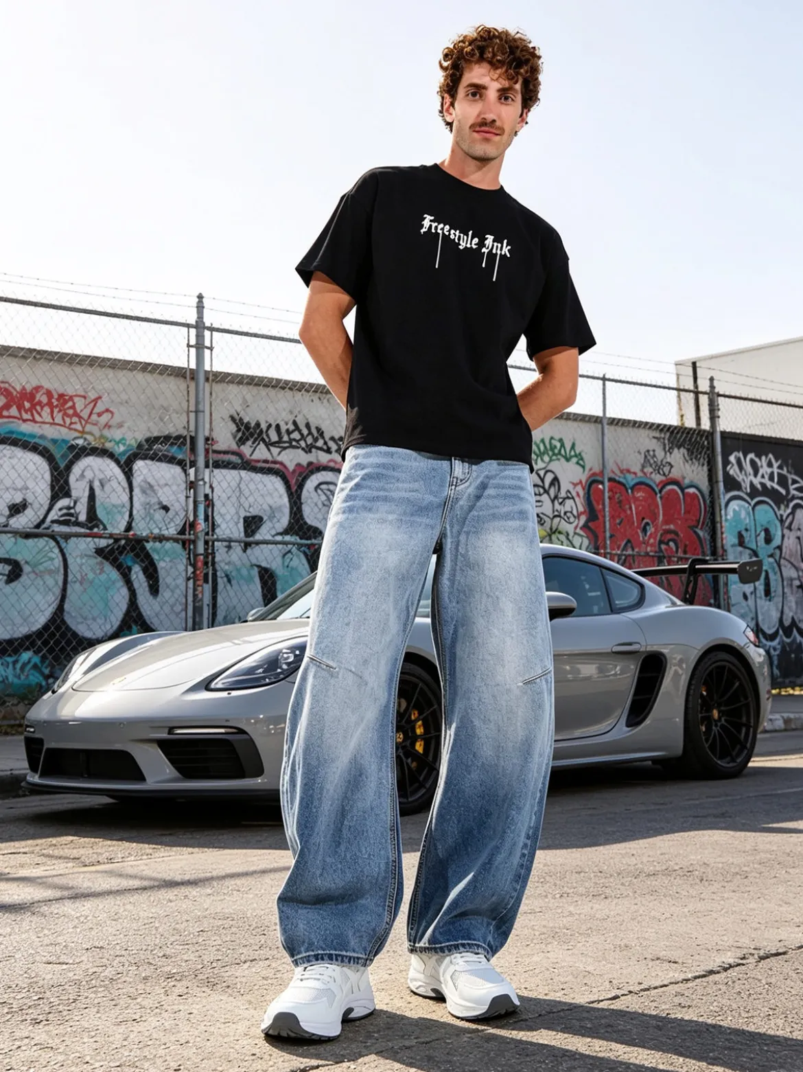 Ange Wear T-shirt da uomo oversize in cotone con stampe davanti e dietro - nero