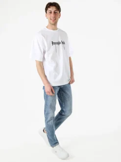 Ange Wear T-shirt da uomo oversize in cotone con stampe davanti e dietro - bianco