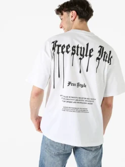 Ange Wear T-shirt da uomo oversize in cotone con stampe davanti e dietro - bianco