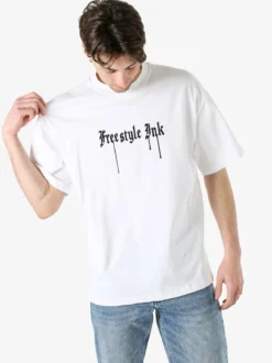 Ange Wear T-shirt da uomo oversize in cotone con stampe davanti e dietro - bianco