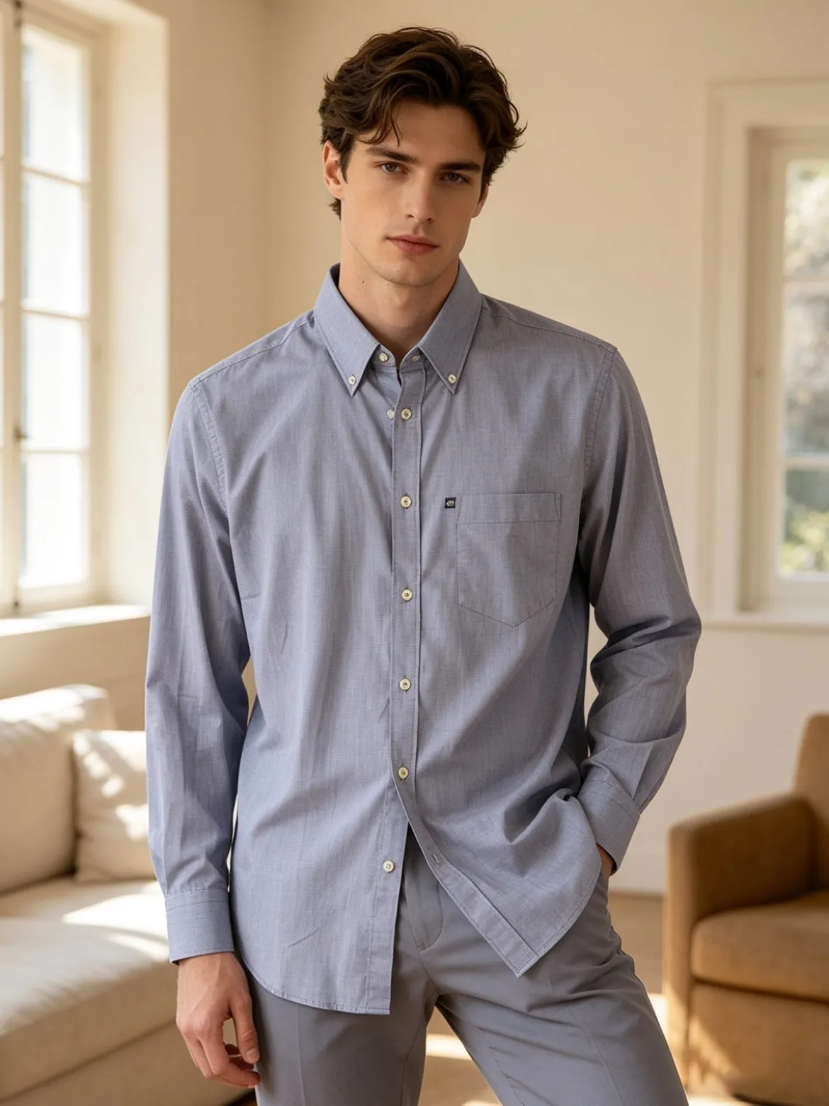 Ascot Sport Camicia da uomo in cotone a maniche lunghe con stampa texture - blu scuro