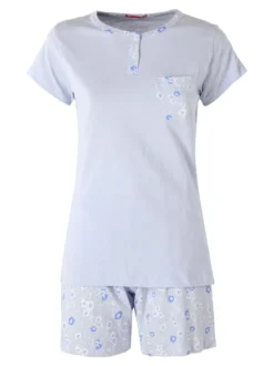 A Sette Pigiama corto da donna in cotone con taschino e shorts fiorati - azzurro