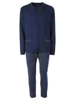 A Sette Pigiama da uomo in cotone interlock aperto con bottoni e pantaloni a righe - blu scuro