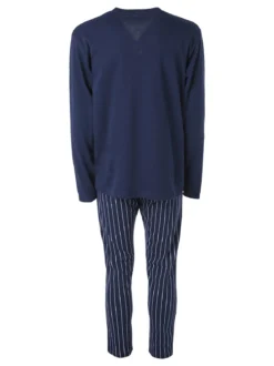 A Sette Pigiama da uomo in cotone interlock aperto con bottoni e pantaloni a righe - blu scuro