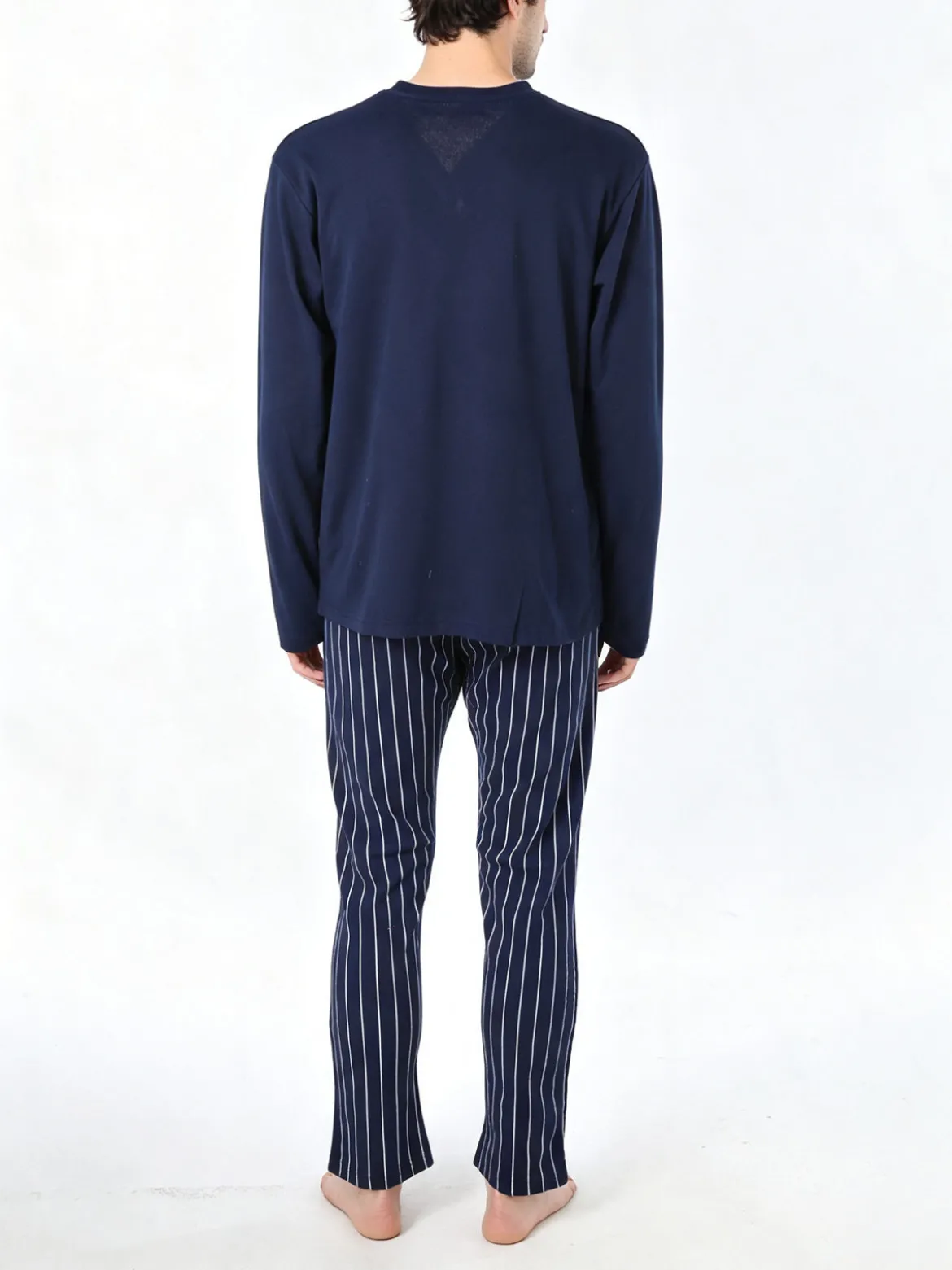 A Sette Pigiama da uomo in cotone interlock aperto con bottoni e pantaloni a righe - blu scuro