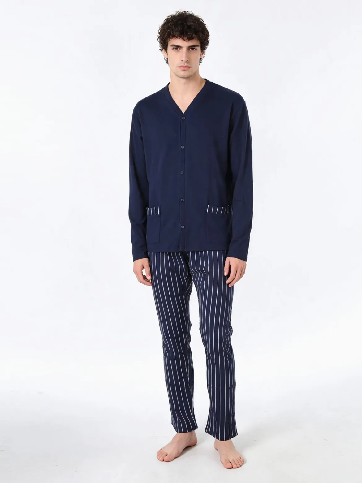A Sette Pigiama da uomo in cotone interlock aperto con bottoni e pantaloni a righe - blu scuro
