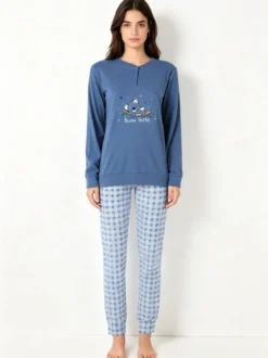 A Sette Pigiama lungo da donna in cotone interlock con dettaglio in pizzo e pantaloni a quadretti - jeans
