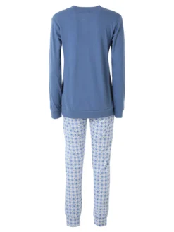 A Sette Pigiama lungo da donna in cotone interlock con dettaglio in pizzo e pantaloni a quadretti - jeans