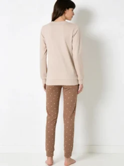 A Sette Pigiama lungo da donna in cotone interlock con pantaloni a cuori - sabbia