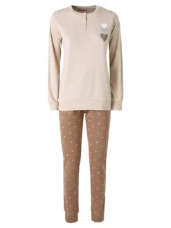 A Sette Pigiama lungo da donna in cotone interlock con pantaloni a cuori - sabbia