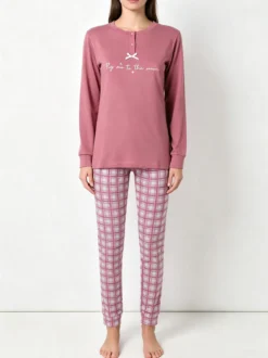A Sette Pigiama lungo da donna in cotone interlock con pantaloni a quadri - rosa