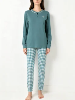 A Sette Pigiama lungo da donna in cotone interlock con pantaloni a quadretti - verde
