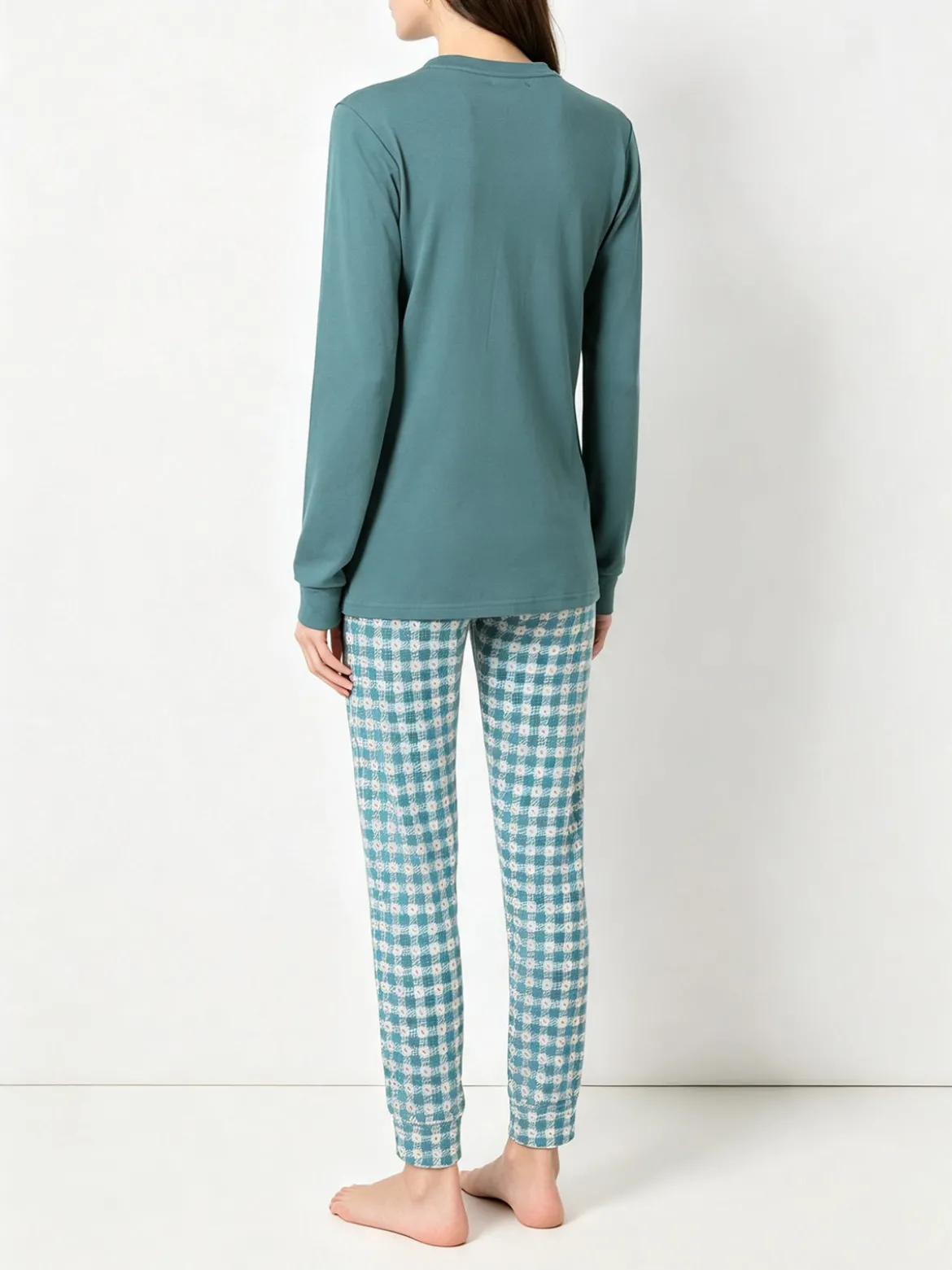 A Sette Pigiama lungo da donna in cotone interlock con pantaloni a quadretti - verde
