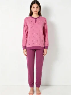 A Sette Pigiama lungo da donna in cotone interlock con stampa disegni - rosa