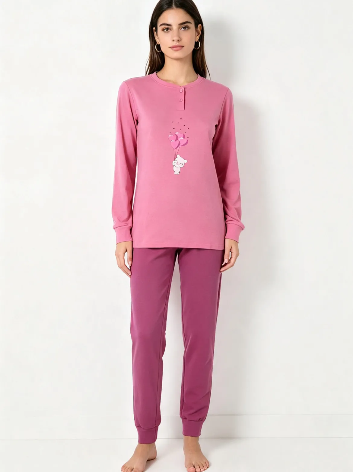 A Sette Pigiama lungo da donna in cotone interlock con stampa disegno - rosa