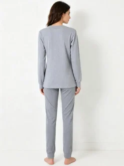 A Sette Pigiama lungo da donna in cotone interlock con stampa disegno - grigio