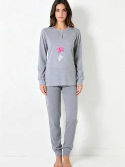 A Sette Pigiama lungo da donna in cotone interlock con stampa disegno - grigio