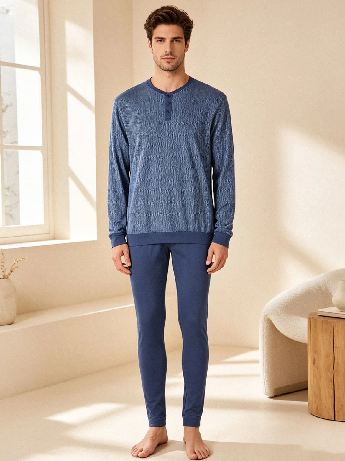 A Sette Pigiama lungo da uomo in cotone - blu