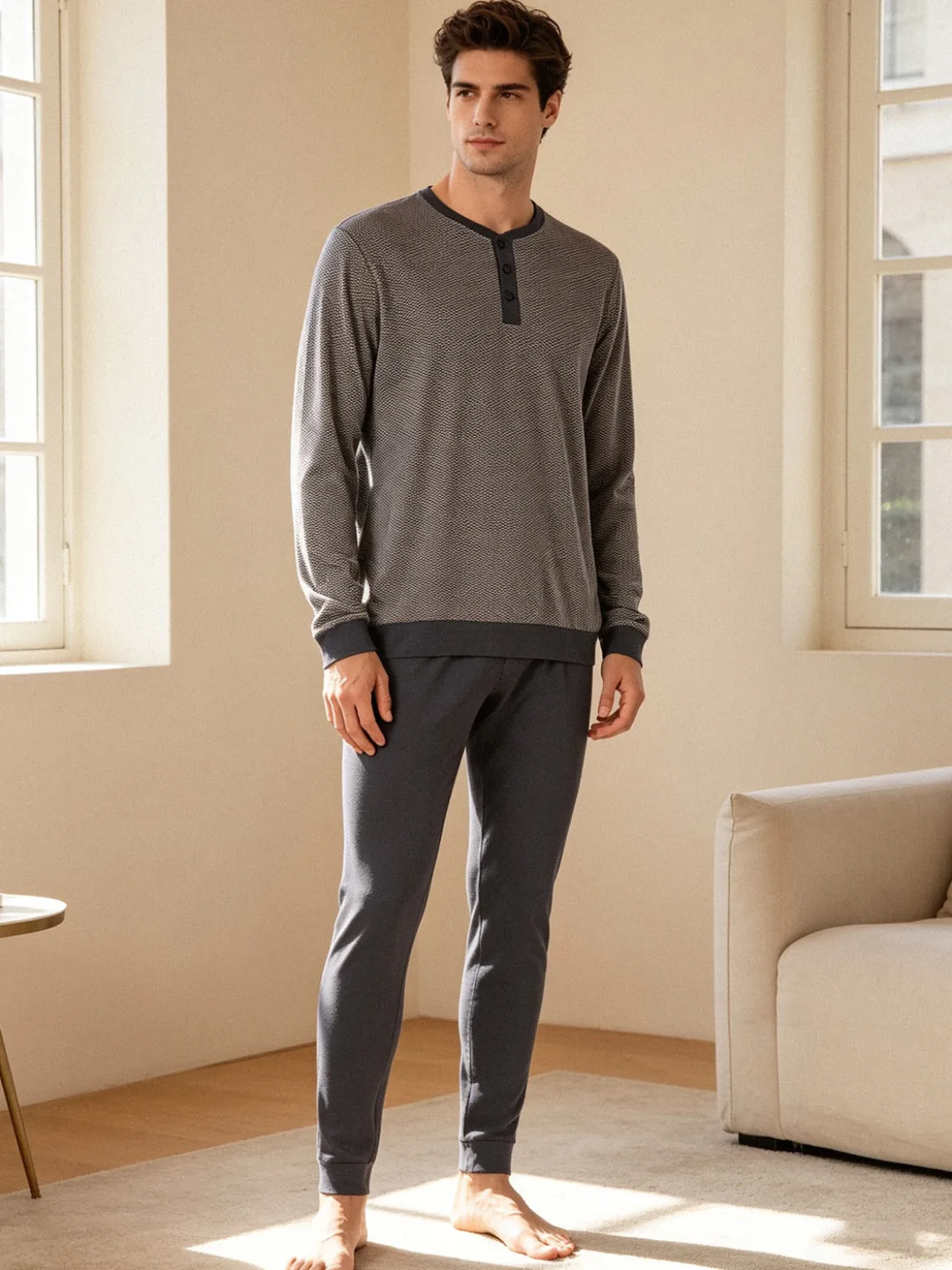 A Sette Pigiama lungo da uomo in cotone - grigio