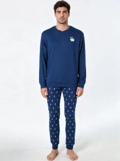A Sette Pigiama lungo da uomo in cotone interlock con pantaloni con stampa birilli - blu