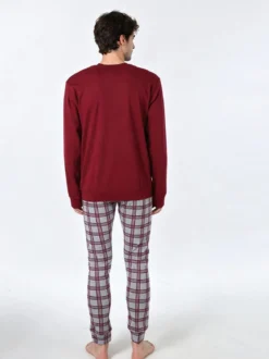 A Sette Pigiama lungo da uomo in cotone interlock con taschino e pantaloni a quadri - bordeaux