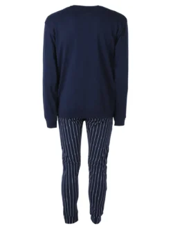 A Sette Pigiama lungo da uomo in cotone interlock con taschino e pantaloni a righe sottili - blu scuro