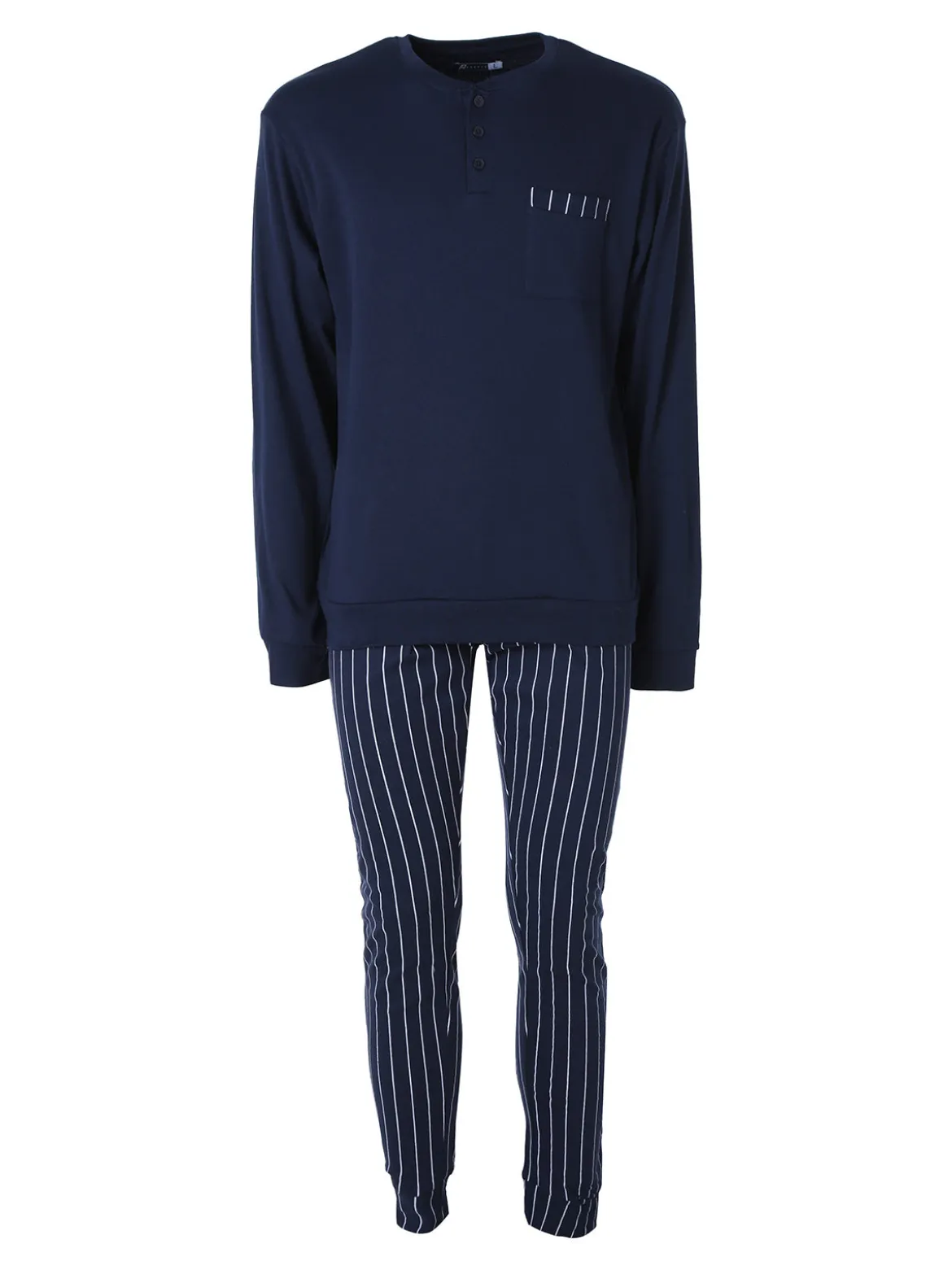 A Sette Pigiama lungo da uomo in cotone interlock con taschino e pantaloni a righe sottili - blu scuro