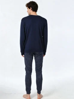 A Sette Pigiama lungo da uomo in cotone interlock con taschino e pantaloni a righe sottili - blu scuro