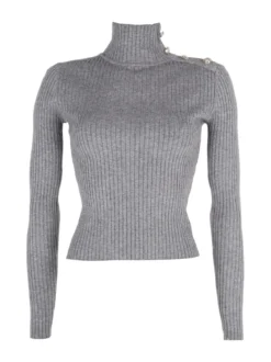 Attic Tricot Pullover donna dolcevita in maglia con bottoni decorativi sulla spalla