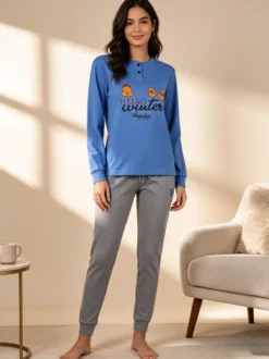 Australian Pigiama lungo da donna in cotone interlock con stampe - blu