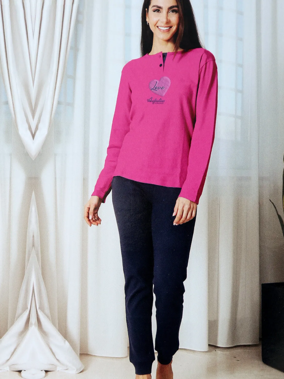 Australian Pigiama lungo da donna in cotone interlock - fucsia