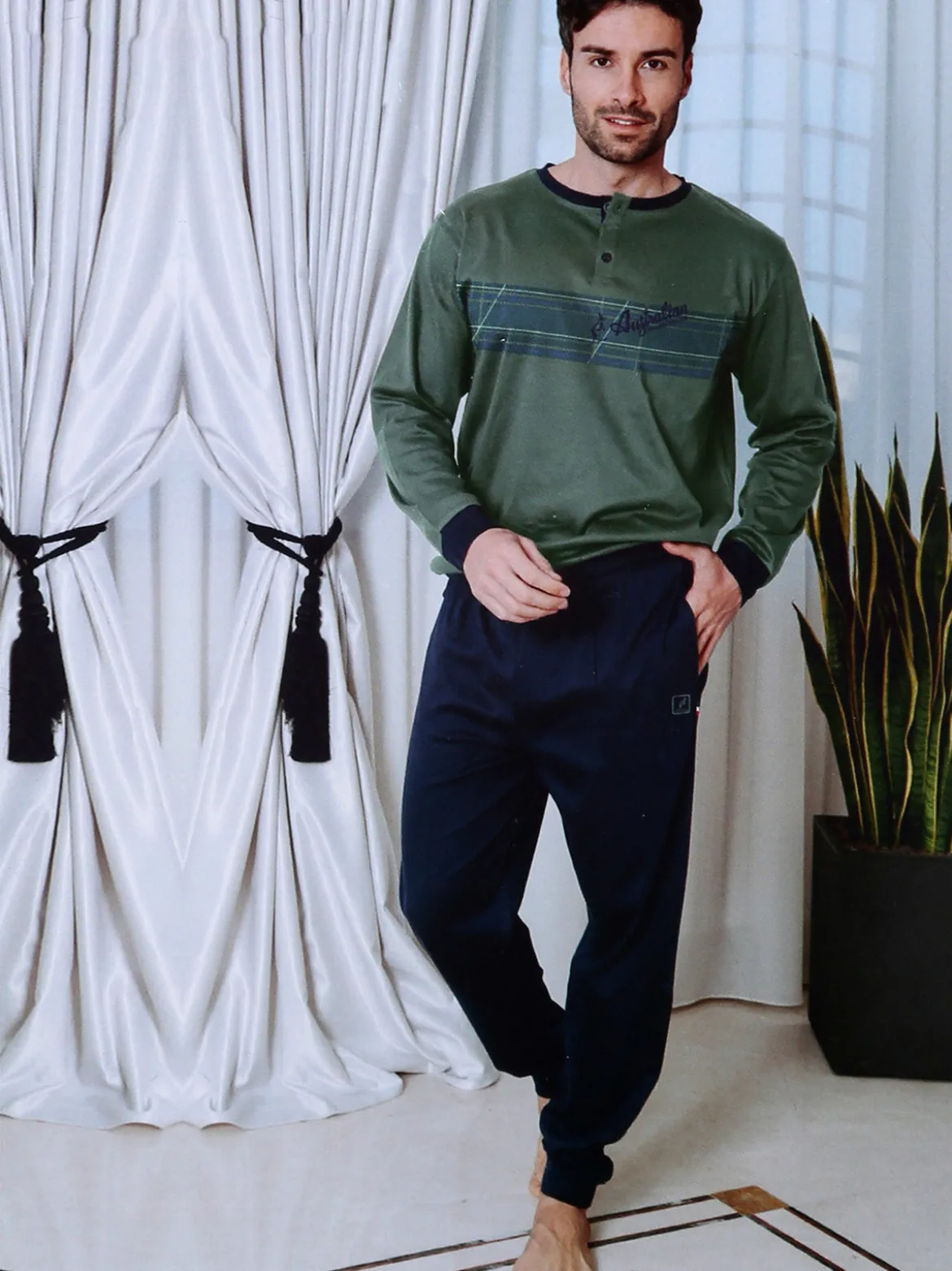 Australian Pigiama lungo da uomo in misto cotone interlock - militare