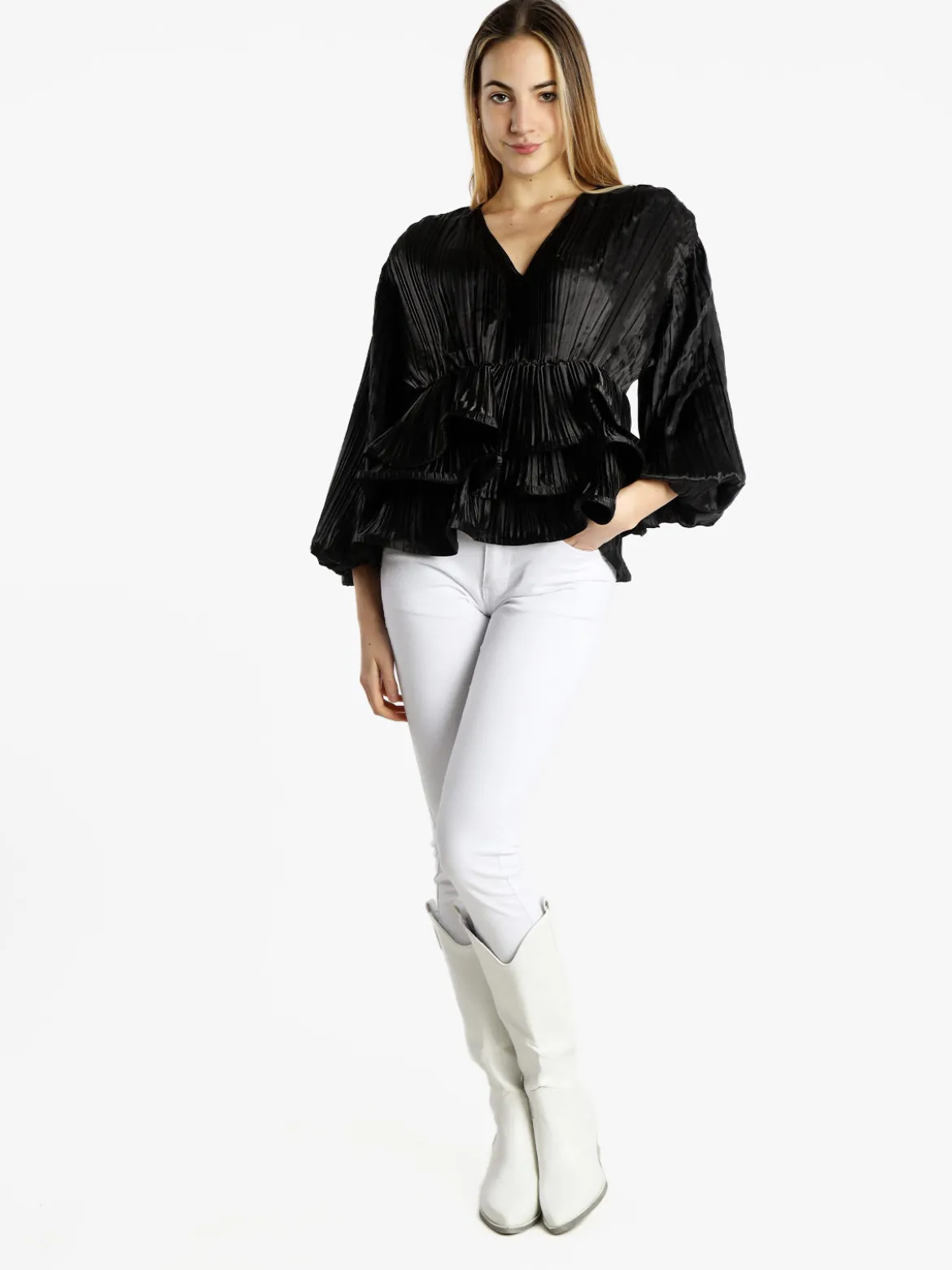 Azaka Blusa donna plissetata con balze sul finale