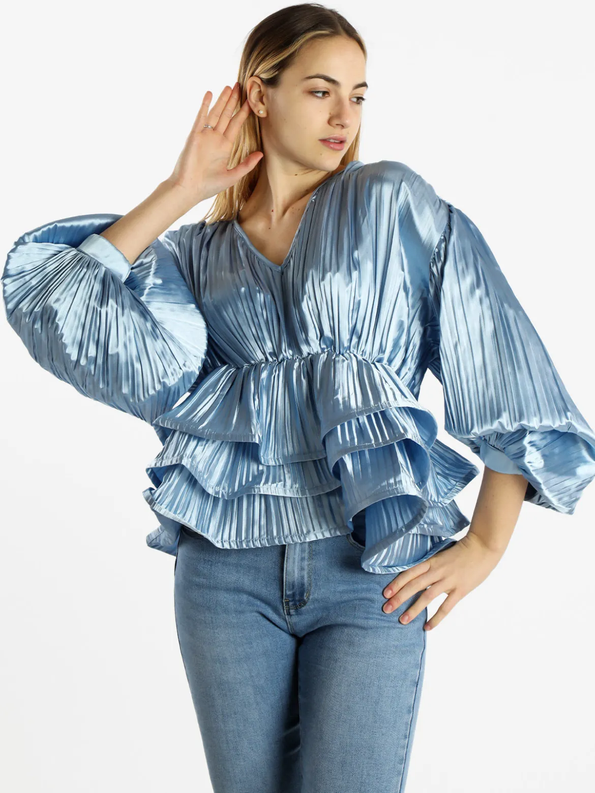 Azaka Blusa donna plissetata con balze sul finale