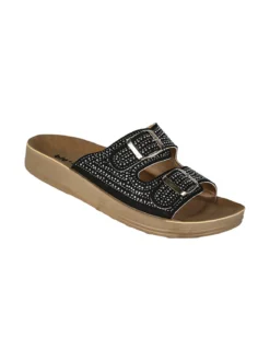 Blu Star Ciabatte da donna con doppie fibbie e micro borchie - nero