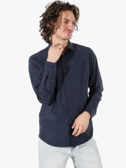 Bread & Buttons Camicia da uomo a maniche lunghe in tessuto elastico no stiro - blu scuro