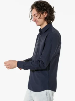 Bread & Buttons Camicia da uomo a maniche lunghe in tessuto elastico no stiro - blu scuro