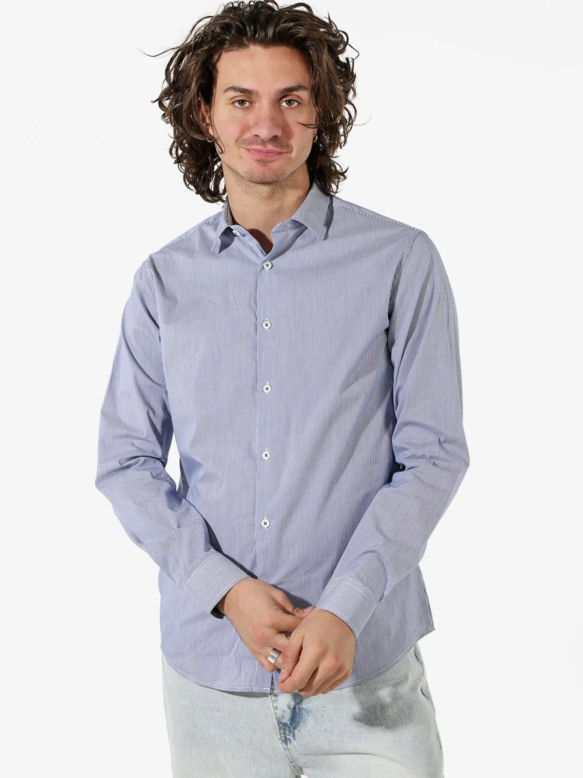 Bread & Buttons Camicia da uomo rigata a maniche lunghe - blu