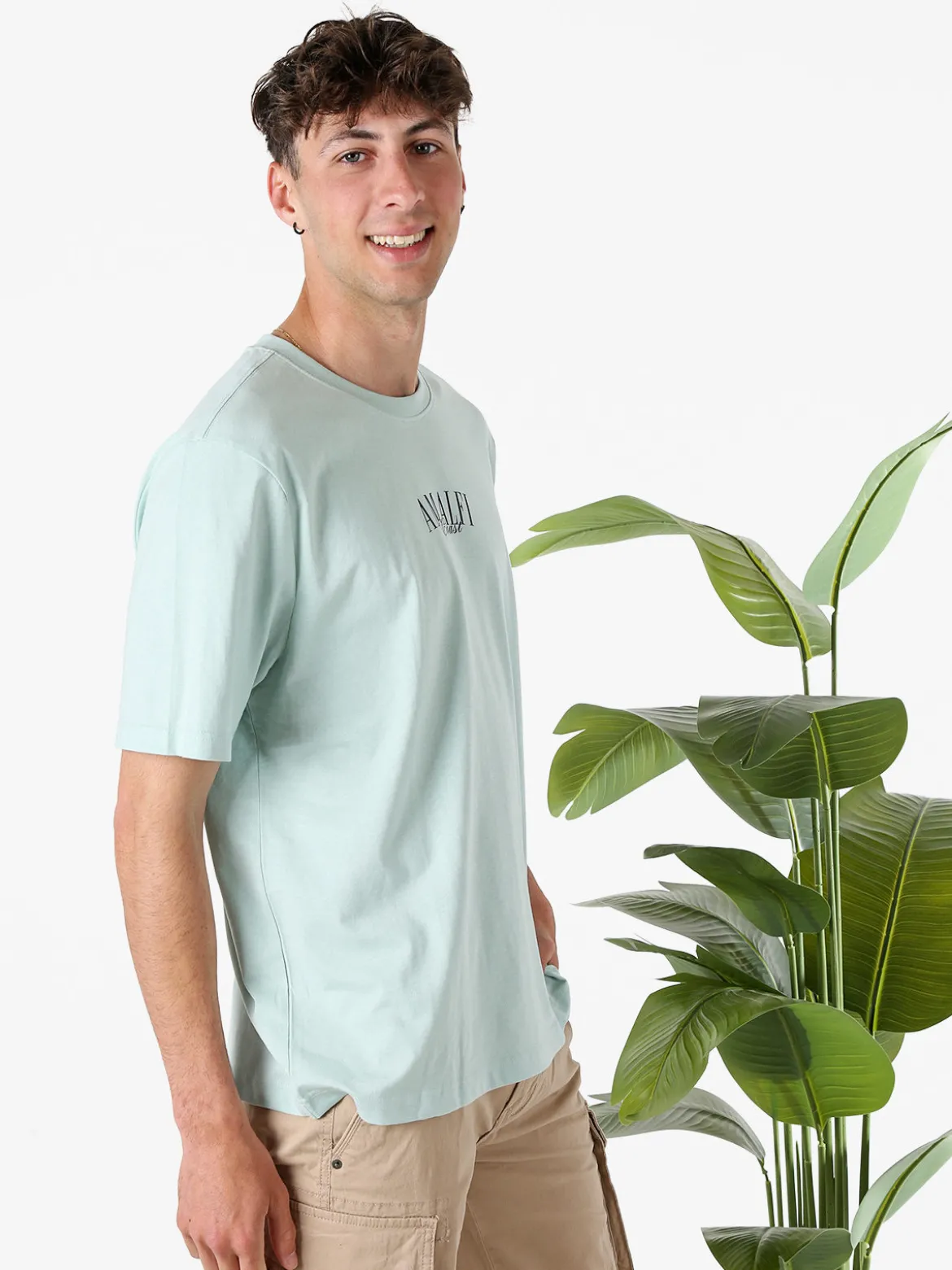 Buoncostume T-shirt in cotone da uomo con stampa AMALFI davanti e dietro - acqua marina