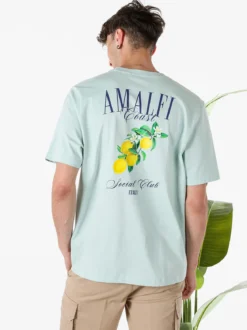 Buoncostume T-shirt in cotone da uomo con stampa AMALFI davanti e dietro - acqua marina