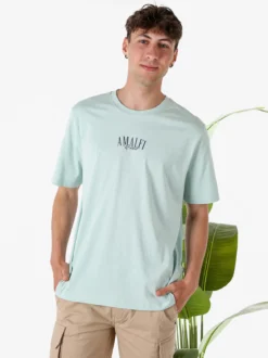 Buoncostume T-shirt in cotone da uomo con stampa AMALFI davanti e dietro - acqua marina