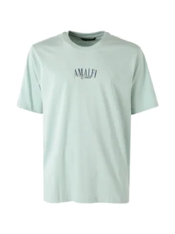 Buoncostume T-shirt in cotone da uomo con stampa AMALFI davanti e dietro - acqua marina