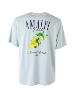Buoncostume T-shirt in cotone da uomo con stampa AMALFI davanti e dietro - azzurro