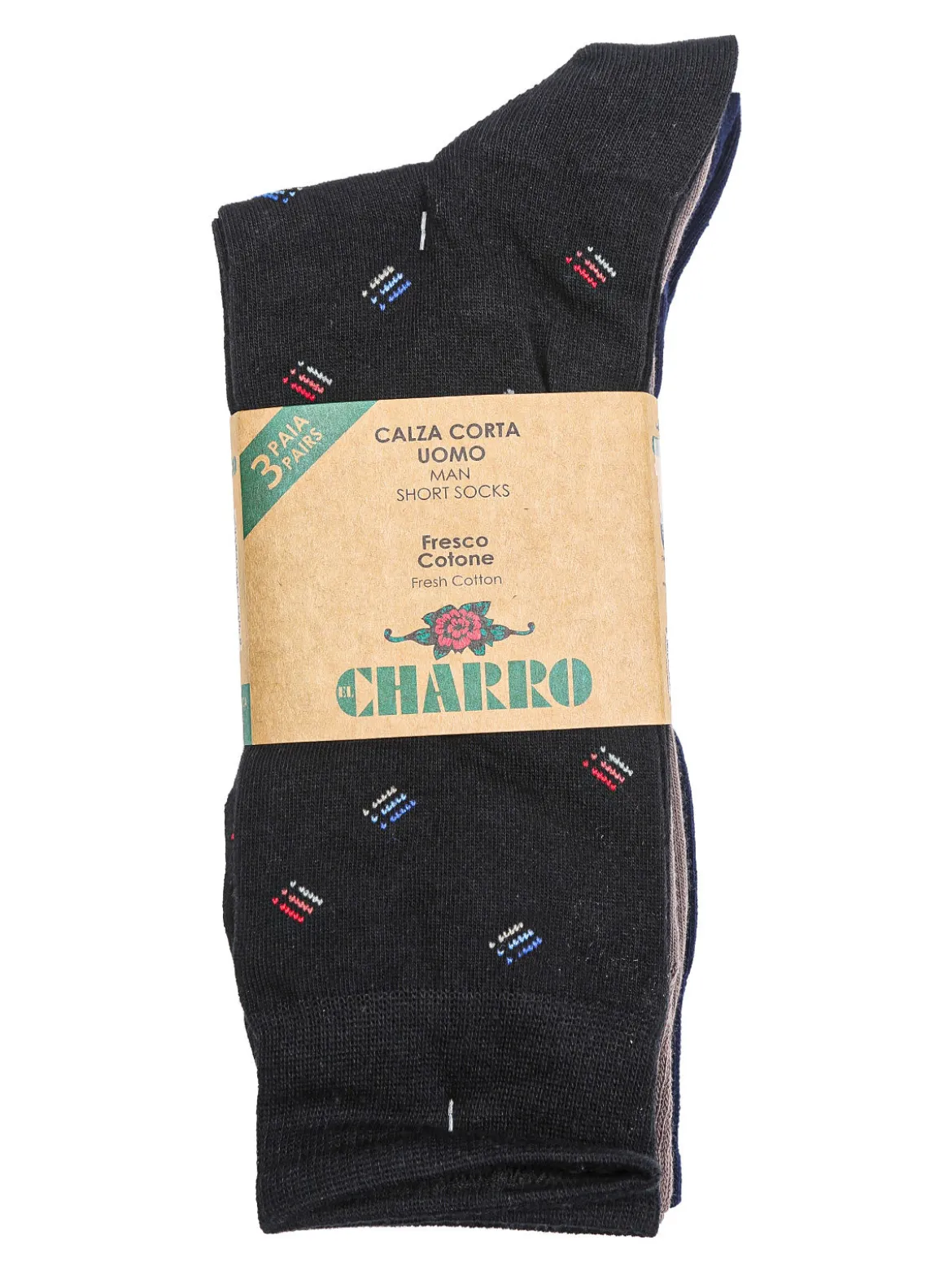 Charro Confezione da 3 paia di calze corte da uomo in cotone