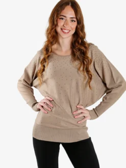 Coveri Moving Maglia donna con scollo a barca e borchie - khaki