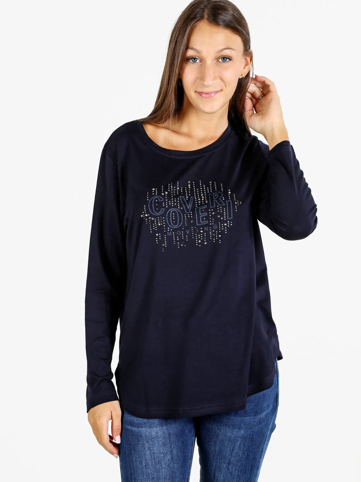 Coveri Moving T-shirt donna a maniche lunghe con strass - blu scuro