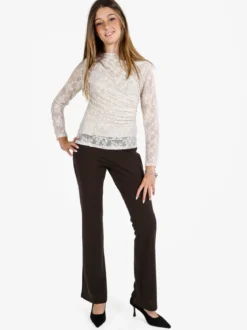 Daystar Maglietta donna a maniche lunghe in pizzo con arricciatura - beige